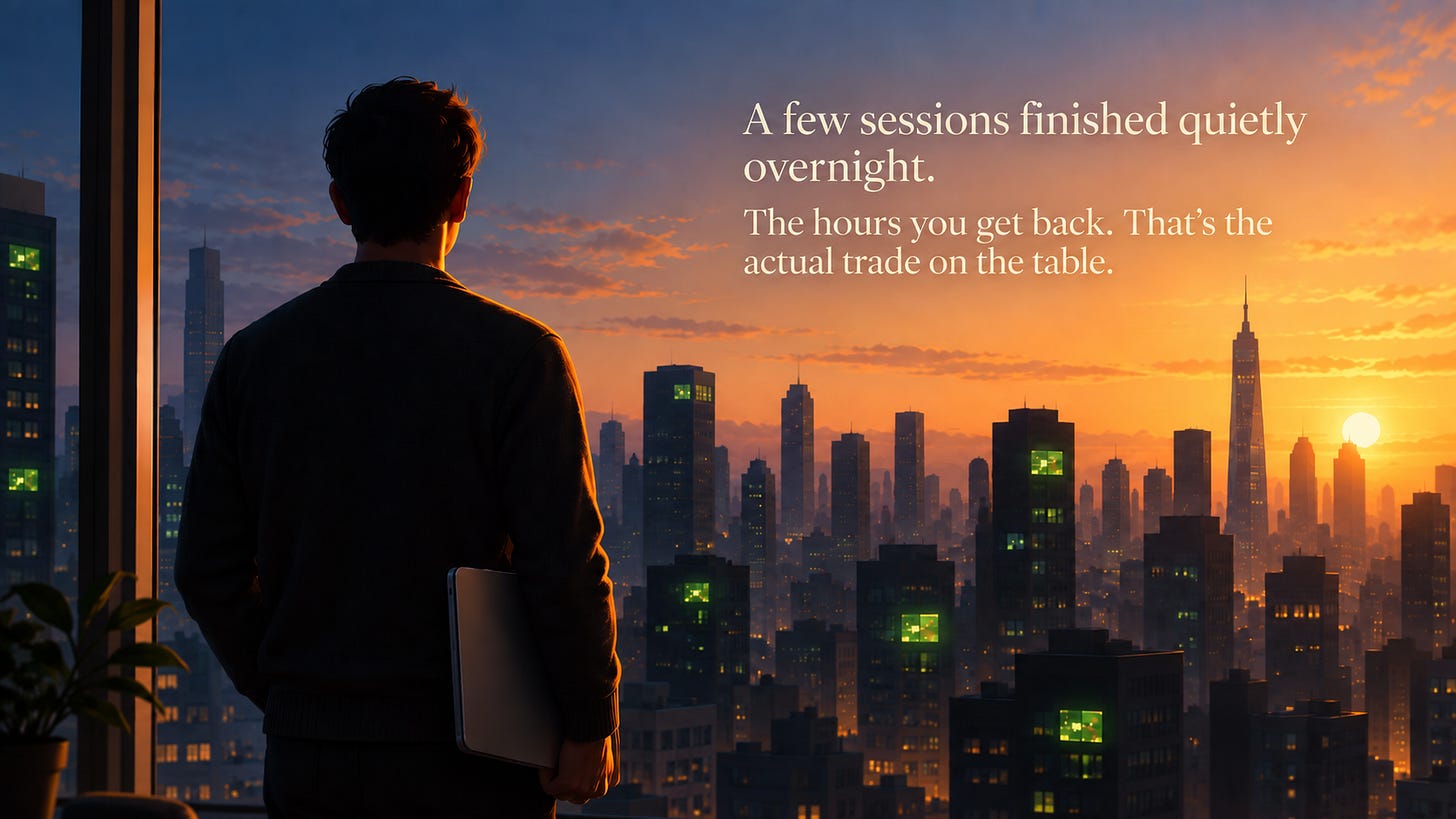 Person holding a closed laptop at sunrise while AI sessions finish overnight across a city skyline. Person holding a closed laptop at sunrise while AI sessions finish overnight across a city skyline.