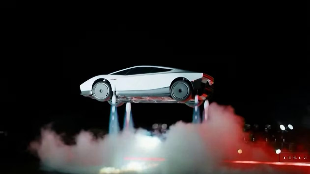 Tesla's new Roadster prototype hovering on cold-gas thrusters during the October 2026 reveal Tesla's new Roadster prototype hovering on cold-gas thrusters during the October 2026 reveal