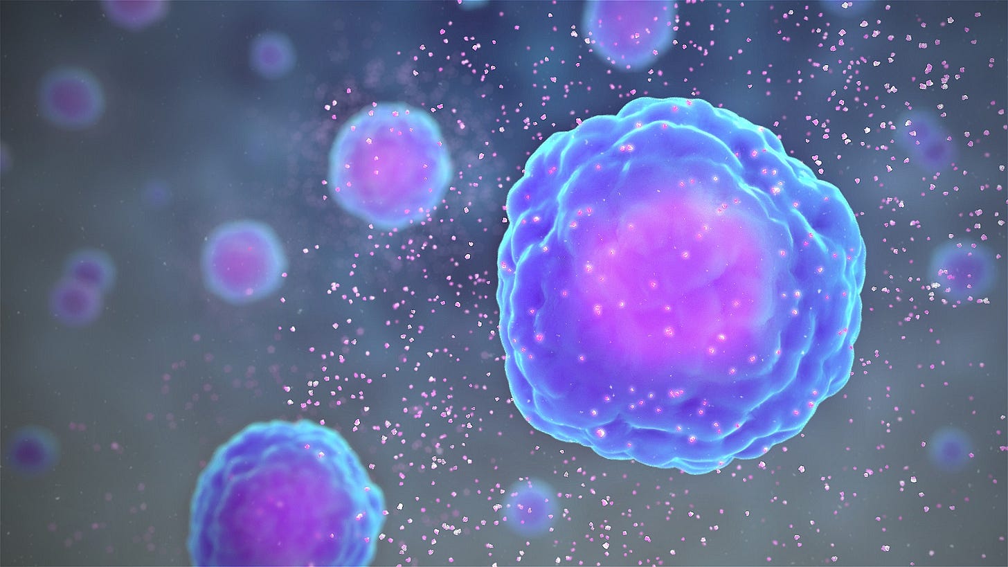 Image of cytokines (small pink particles) being secreted.