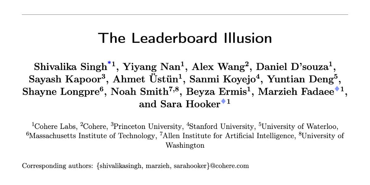 Title page of academic paper "The Leaderboard Illusion" with authors Shivalika Singh, Yiyang Nan, Alex Wang, Daniel D'souza, Sayash Kapoor, Ahmet Üstün, Sanmi Koyejo, Yuntian Deng, Shayne Longpre, Noah Smith, Beyza Ermis, Marzieh Fadaee, and Sara Hooker from various institutions including Cohere Labs, Cohere, Princeton University, Stanford University, University of Waterloo, Massachusetts Institute of Technology, Allen Institute for Artificial Intelligence, and University of Washington. Corresponding authors: {shivalikasingh, marzieh, sarahooker}@cohere.com
