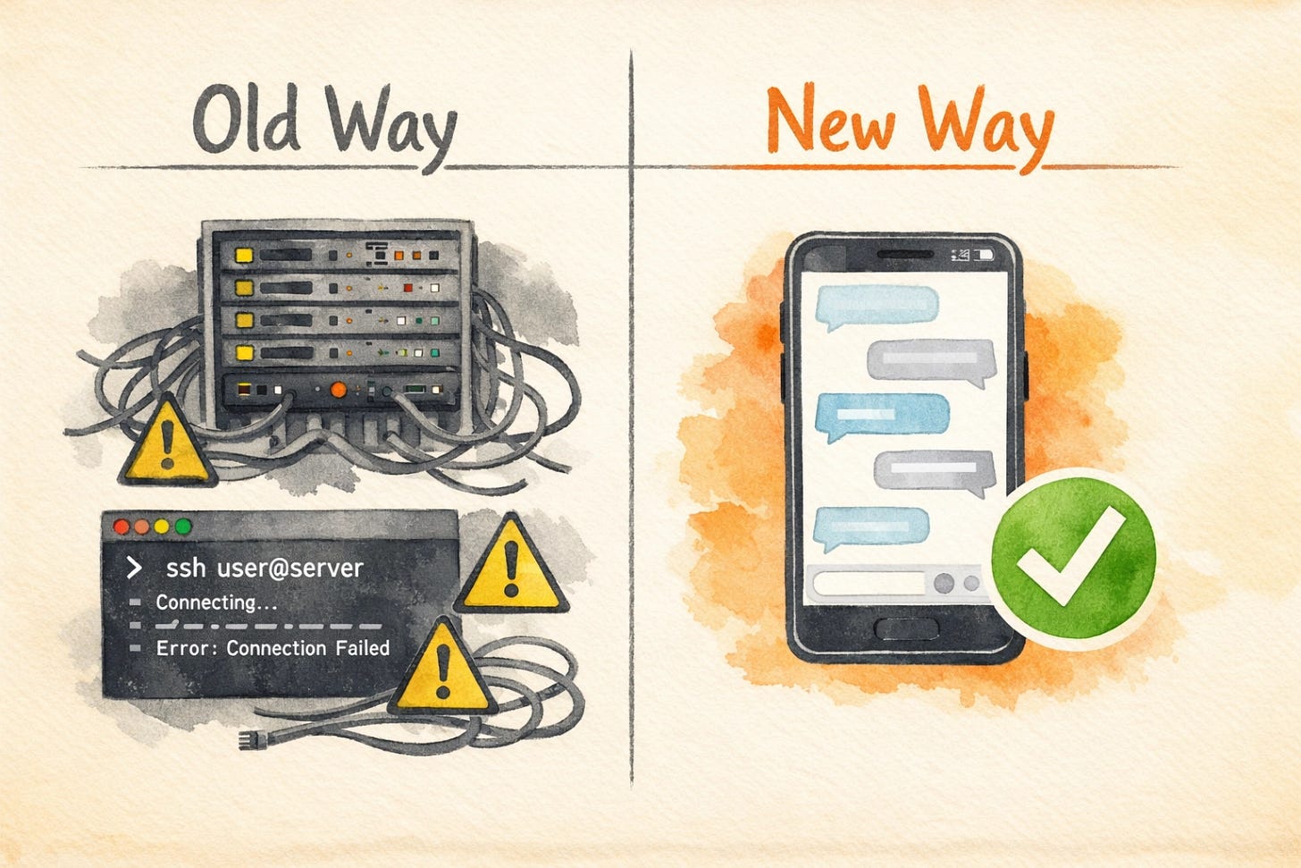 Side-by-side comparison of a complex server and SSH setup versus a simple Telegram chat on a phone