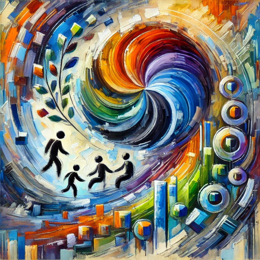 An abstract oil painting featuring thick, expressive brush strokes illustrating themes of rapid learning, independence, and growth. The colors should blend vibrantly, symbolizing a child's transformation from dependence to self-reliance. Include dynamic, swirling shapes representing positivity, nurturing guidance, and structured sequences, capturing the revolutionary Azrin-Foxx method's efficient and empowering approach. Completely free of any text or words, focusing solely on bold textures and energetic motion. An abstract oil painting featuring thick, expressive brush strokes illustrating themes of rapid learning, independence, and growth. The colors should blend vibrantly, symbolizing a child's transformation from dependence to self-reliance. Include dynamic, swirling shapes representing positivity, nurturing guidance, and structured sequences, capturing the revolutionary Azrin-Foxx method's efficient and empowering approach. Completely free of any text or words, focusing solely on bold textures and energetic motion.