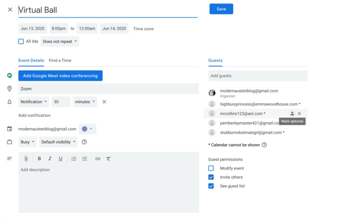 Screenshot of a Google Calendar invite being set up for the Virtual Ball. Screenshot of a Google Calendar invite being set up for the Virtual Ball.