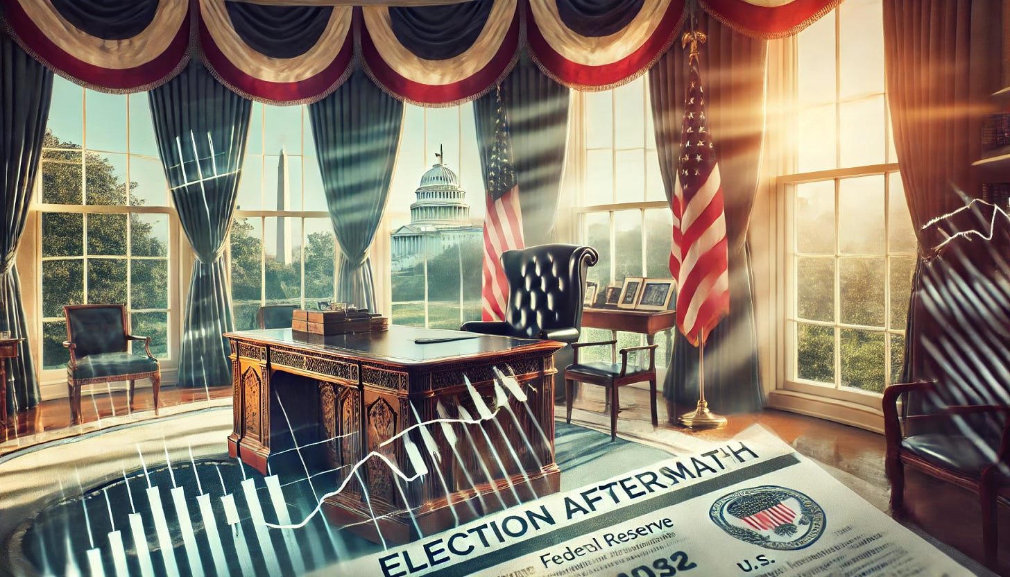 A cover photo for an article titled 'Election Aftermath.' The scene includes an empty, polished desk in the Oval Office with a large U.S. flag nearby, symbolizing the power transition. Soft morning light streams through tall windows, casting a subtle glow. A view of financial charts and newspaper clippings, depicting market volatility and political implications, overlays in the background with a faint image of the Federal Reserve building and U.S. Capitol, highlighting economic and political themes. The colors are muted, emphasizing a calm yet formal atmosphere.