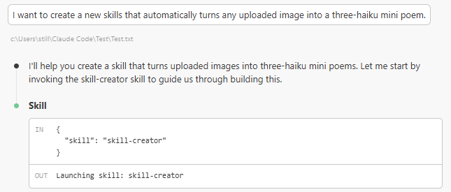 Claude Code chat showing a user request to create a new skill that turns uploaded images into three-line haiku poems, with the Skill Creator tool being launched