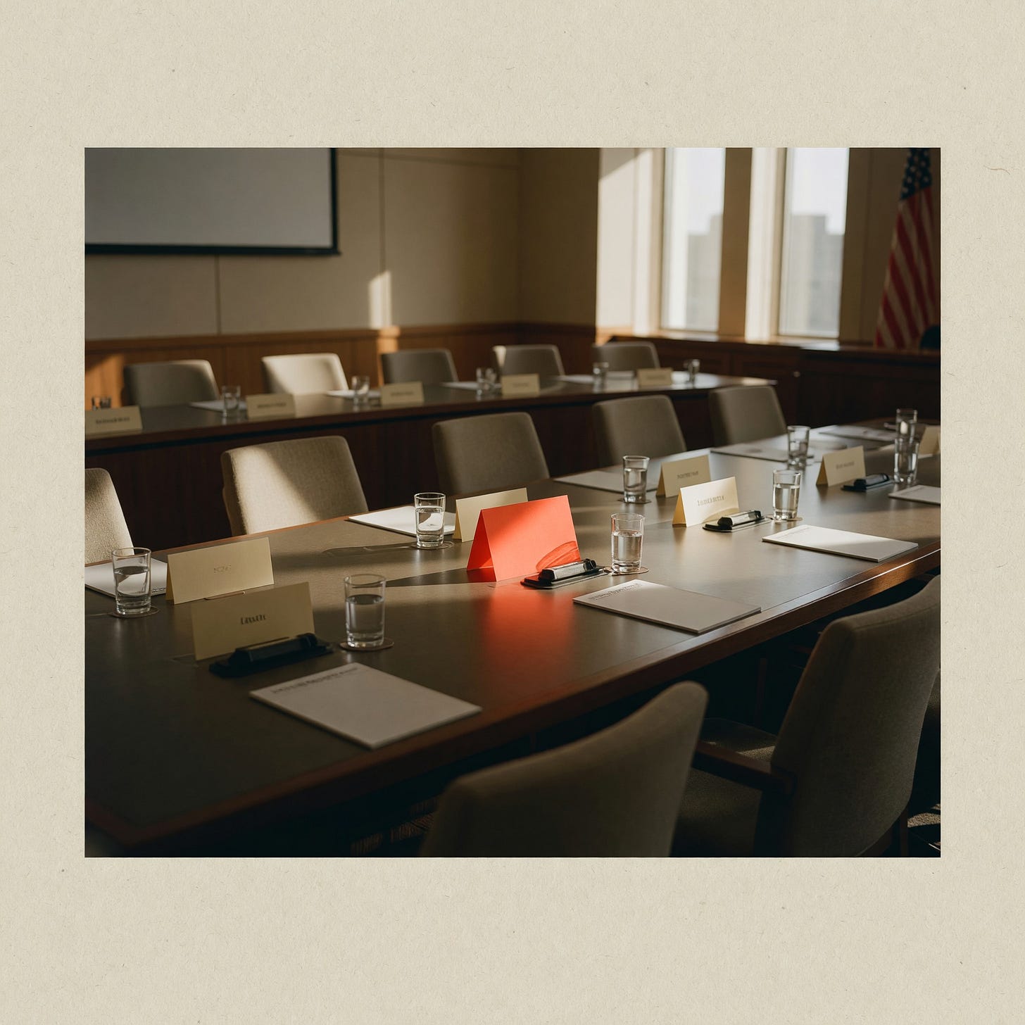 An empty federal advisory committee room in warm daylight, long table set with name placards, untouched water glasses and neatly pushed-in chairs, one placard catching an orange highlight