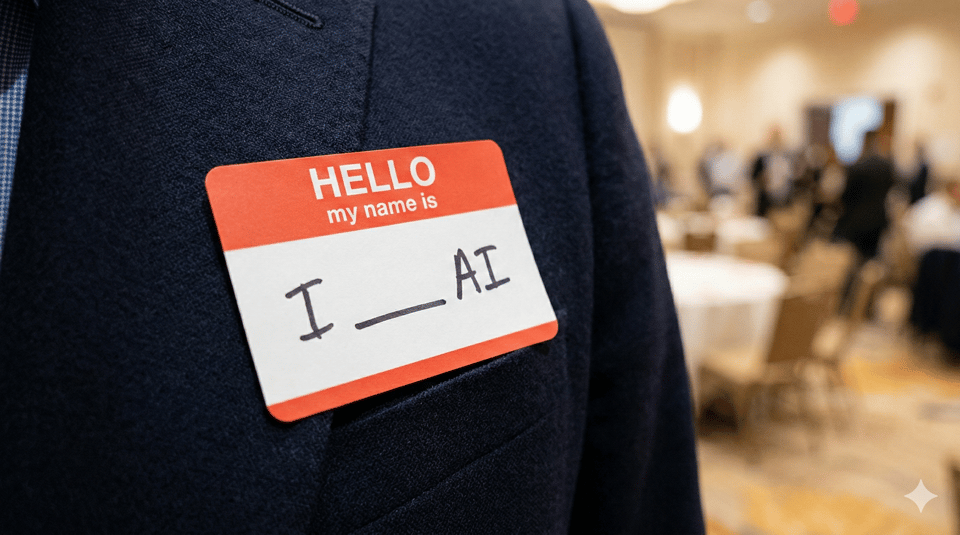 SCENE: A single conference-style adhesive name badge, the classic red-bordered "HELLO my name is" design. On the blank white area, someone has written in casual marker handwriting: "I _____ AI" with a clear visible underline/blank space between "I" and "AI". The badge is stuck slightly crooked on a neutral surface -- a laptop lid, a notebook cover, or a jacket lapel.
TENSION: The familiar, friendly format of the name badge vs. the uncomfortable incompleteness of the blank. The viewer wants to fill it in. The handwriting should feel real and slightly imperfect, not typeset.
STYLE: Photo-realistic with shallow depth of field. Natural indoor lighting, slightly warm. The badge should be the clear focal point with the background softly blurred. Think candid conference photography, not staged stock photo.
FORMAT: 16:9 aspect ratio. Badge positioned slightly off-center (rule of thirds). Enough negative space for text overlay if needed but the badge should dominate.
TEXT ON BADGE: The top portion reads "HELLO my name is" in the classic badge style (white text on red/colored banner). The handwritten portion below reads exactly: "I _____ AI" -- the underline/blank must be clearly visible as an intentional gap, not a smudge. Use a realistic dark marker or pen style for the handwriting.
AVOID: Multiple badges, other people visible, blue/purple tech aesthetics, digital screens, stock photo energy, perfect symmetry, any text besides what's on the badge, robotic or futuristic elements. SCENE: A single conference-style adhesive name badge, the classic red-bordered "HELLO my name is" design. On the blank white area, someone has written in casual marker handwriting: "I _____ AI" with a clear visible underline/blank space between "I" and "AI". The badge is stuck slightly crooked on a neutral surface -- a laptop lid, a notebook cover, or a jacket lapel.
TENSION: The familiar, friendly format of the name badge vs. the uncomfortable incompleteness of the blank. The viewer wants to fill it in. The handwriting should feel real and slightly imperfect, not typeset.
STYLE: Photo-realistic with shallow depth of field. Natural indoor lighting, slightly warm. The badge should be the clear focal point with the background softly blurred. Think candid conference photography, not staged stock photo.
FORMAT: 16:9 aspect ratio. Badge positioned slightly off-center (rule of thirds). Enough negative space for text overlay if needed but the badge should dominate.
TEXT ON BADGE: The top portion reads "HELLO my name is" in the classic badge style (white text on red/colored banner). The handwritten portion below reads exactly: "I _____ AI" -- the underline/blank must be clearly visible as an intentional gap, not a smudge. Use a realistic dark marker or pen style for the handwriting.
AVOID: Multiple badges, other people visible, blue/purple tech aesthetics, digital screens, stock photo energy, perfect symmetry, any text besides what's on the badge, robotic or futuristic elements.