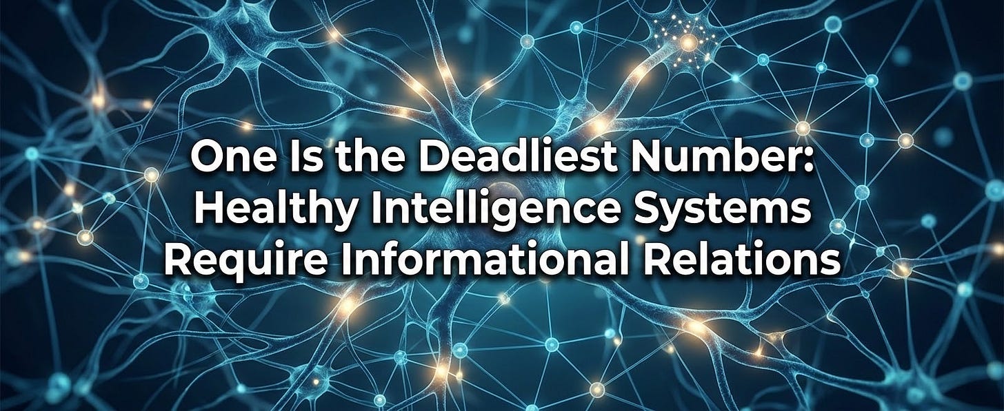 A professional, high-resolution title banner for an article. The background features an abstract, elegant distributed network resembling a blend of biological neural pathways and a glowing digital node-link graph. Deep blues, teals, and soft gold light highlights create a sense of complex systems and intelligence. Centered prominently in the foreground is the title text 'One Is the Deadliest Number: Healthy Intelligence Systems Require Informational Relations' in a clean, modern, white sans-serif typography with a subtle drop shadow for readability.