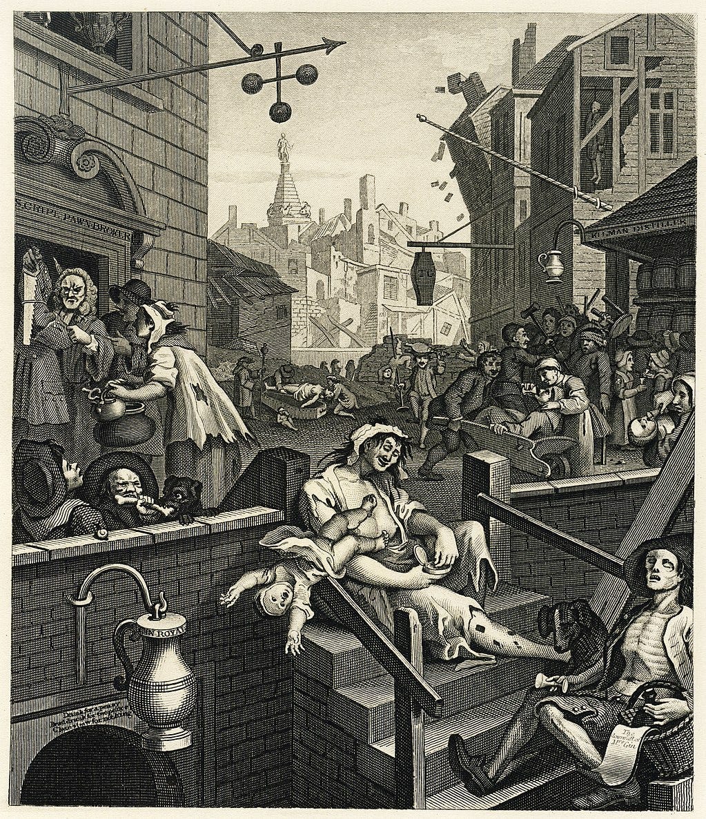 A painting by the artist William Hogarth of London’s Gin Lane, showing the drunken behaviour of Londoners who drank too much gin in the 18th century.