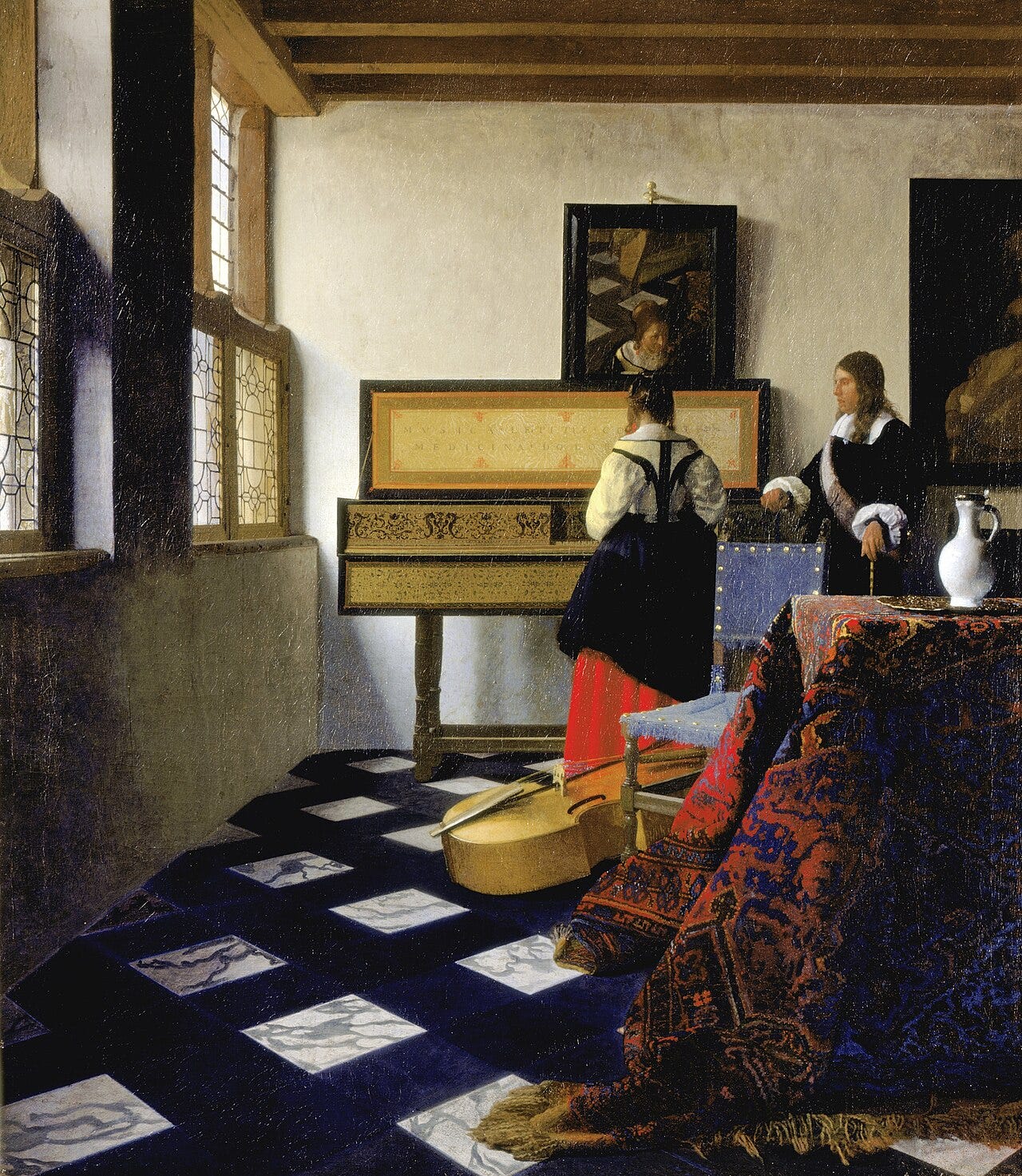 Vermeer's The Music Lesson, a woman at a keyboard in a tiled Delft interior Vermeer's The Music Lesson, a woman at a keyboard in a tiled Delft interior