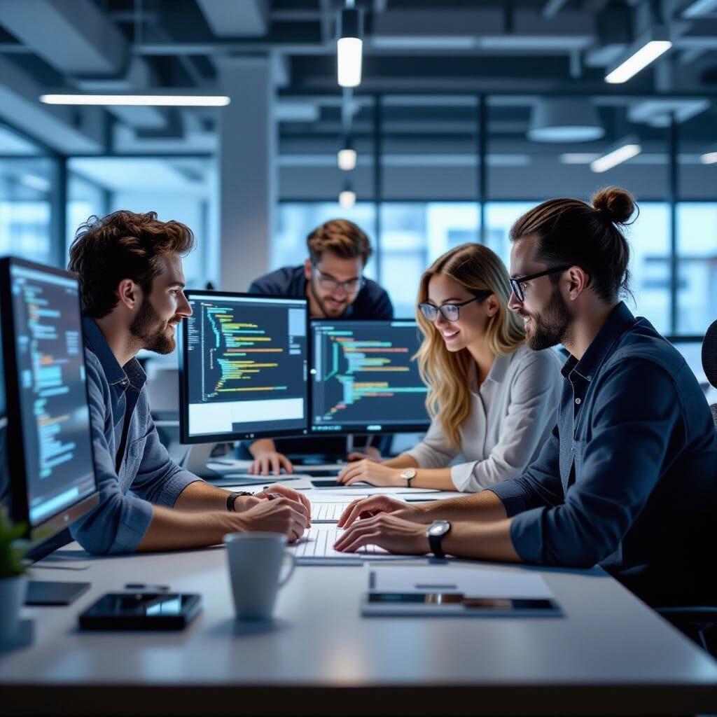 A Truly Cross-Platform Programmig Language. A Spectacular, Beautiful Image of  a mixed gender team of Developers, photor...