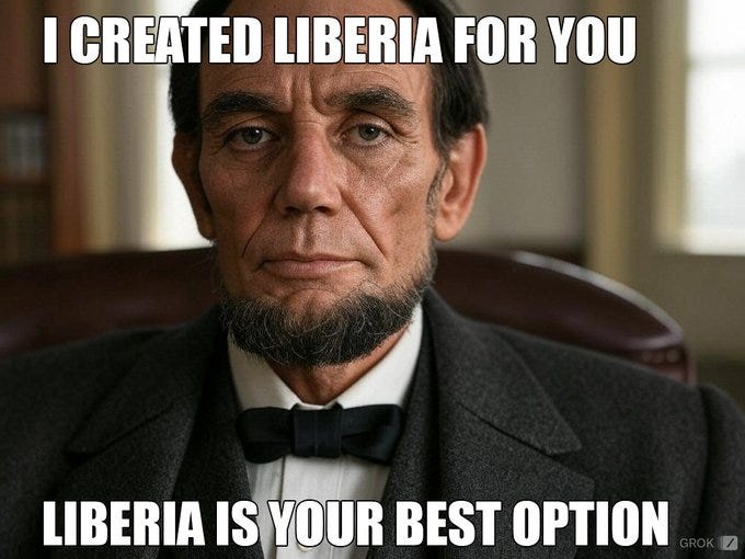 Abraham Lincoln wearing a dark suit and bow tie, sitting in a chair. Text overlay reads "I CREATED LIBERIA FOR YOU" and "LIBERIA IS YOUR BEST OPTION" with a watermark "GROK".