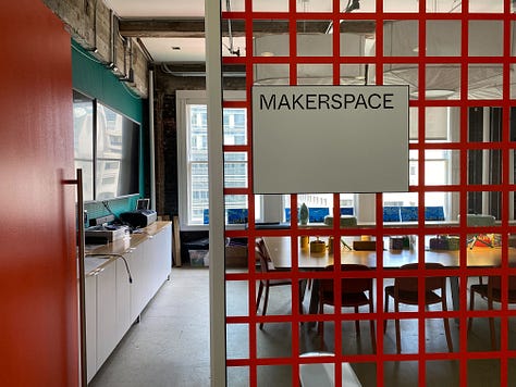 A Makerspace with creative tools like makers, paint, and crayons