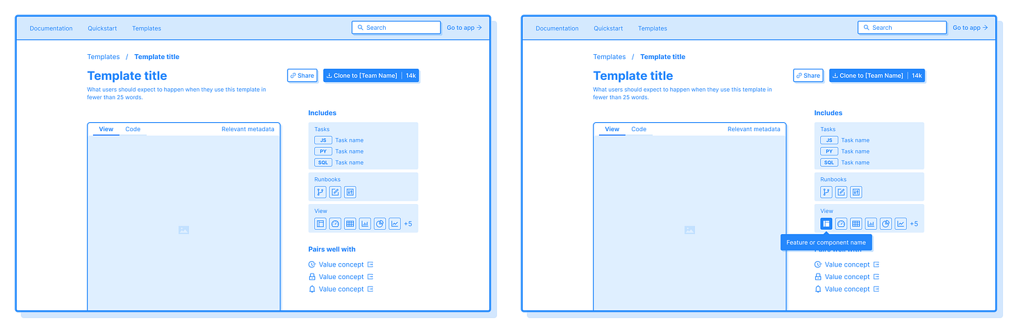 Two desktop wireframes styled with blue stroke and fill