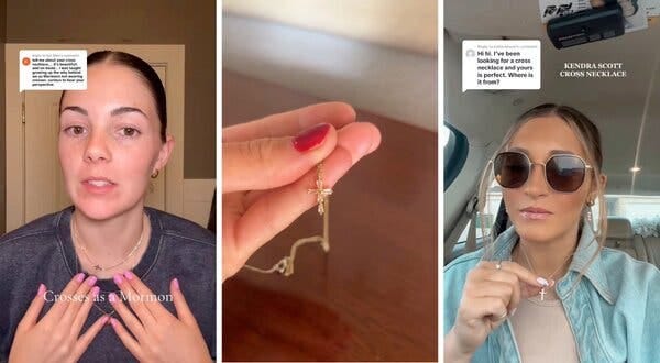 a brunette whose hair is pulled back touching her collarbone that has a cross necklace, the middle photo is a hand holding a cross necklace, the photo on right is a woman in sunglasses holding her cross necklace in her hand a brunette whose hair is pulled back touching her collarbone that has a cross necklace, the middle photo is a hand holding a cross necklace, the photo on right is a woman in sunglasses holding her cross necklace in her hand