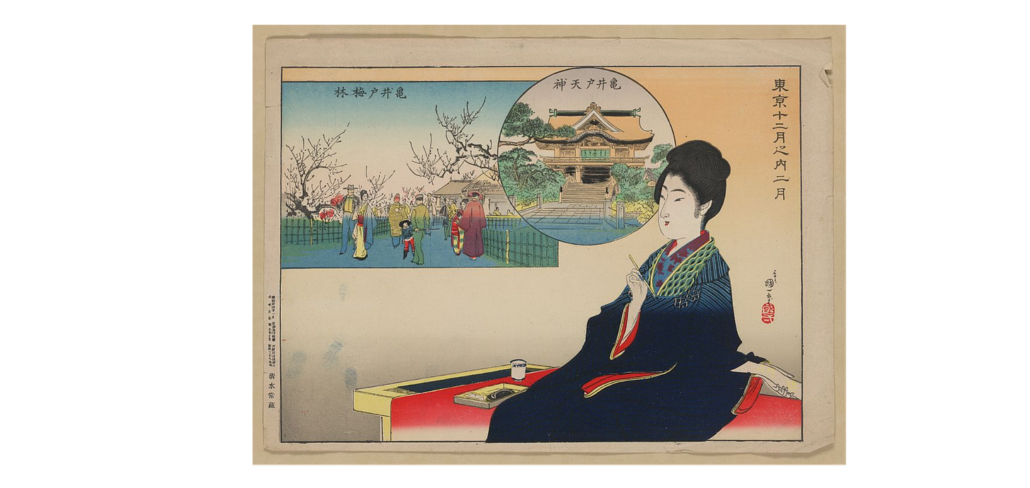19th century woodcut of a Japenese woman writing, with inlays of memories around her