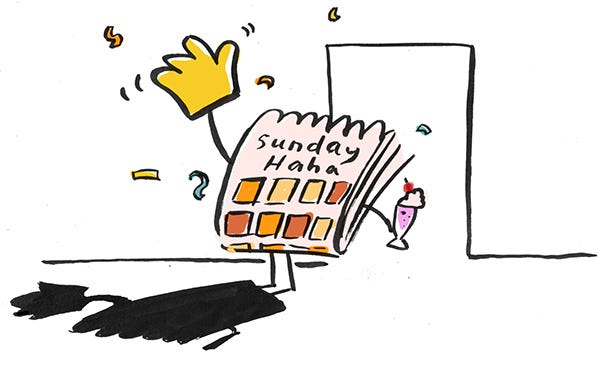 Sunday Haha logo of a newspaper with comics on it waving goodbye and holding a milkshake as confetti falls on it.
