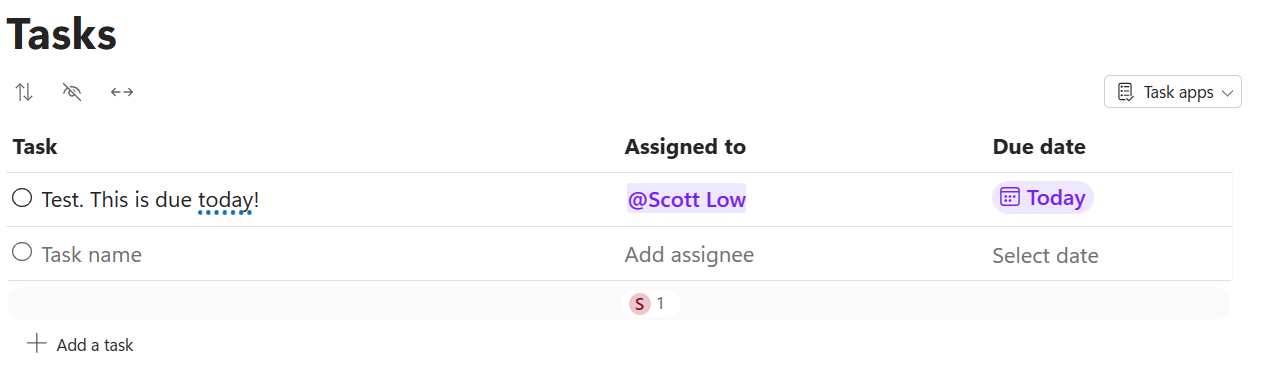 An image showing a Task List in Microsoft Loop with a single task that reads, "Test. This is due today!"