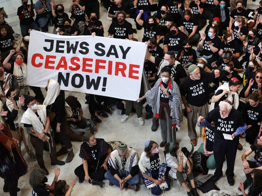 Members of the Jewish Voice for Peace and the If Not Now movement, two Jewish activist groups, stage a rally to call for a cease fire in the Israel–Hamas war.