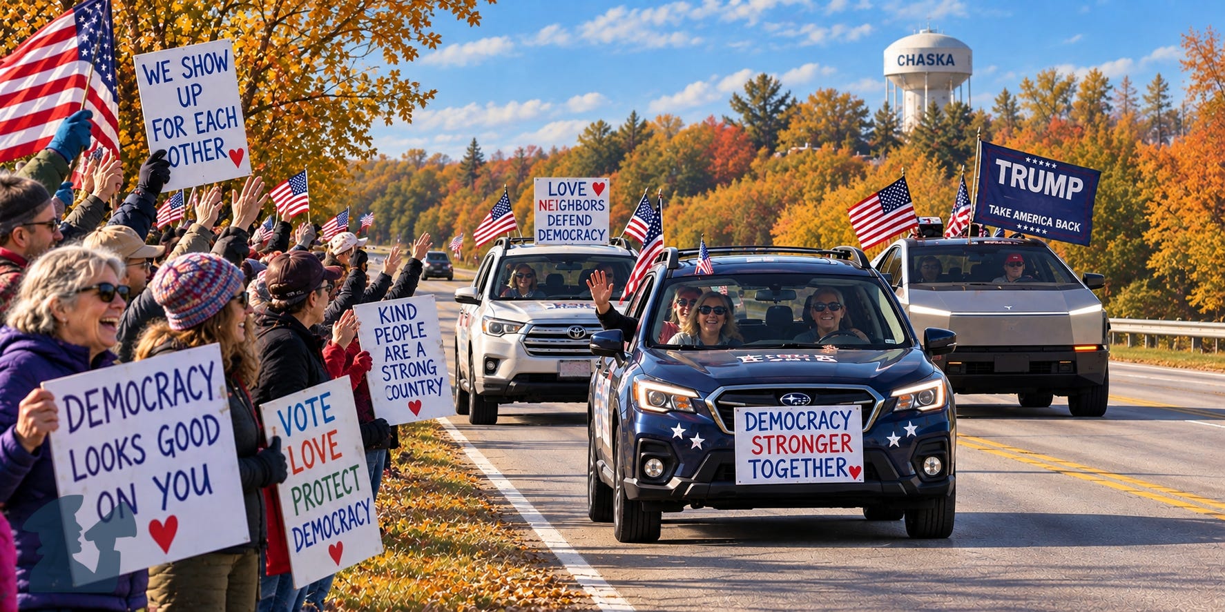 Pro-democracy protesters smile, laugh, and wave signs and American flags along Highway 41 in Chaska, Minnesota, as decorated cars and a silver Tesla Cybertruck displaying a Trump flag drive past. Brilliant autumn foliage and the Chaska water tower fill the background.' Pro-democracy protesters smile, laugh, and wave signs and American flags along Highway 41 in Chaska, Minnesota, as decorated cars and a silver Tesla Cybertruck displaying a Trump flag drive past. Brilliant autumn foliage and the Chaska water tower fill the background.'