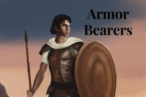 An image of a young Israeli soldier in ancient israel with a sword and spear.