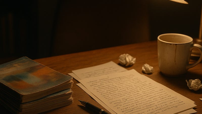 Stack of dog-eared Fiction Feast magazines on a cluttered writing desk beside a handwritten manuscript, a lamp casting warm light over an empty chair Stack of dog-eared Fiction Feast magazines on a cluttered writing desk beside a handwritten manuscript, a lamp casting warm light over an empty chair