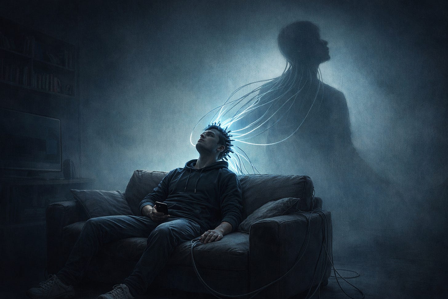 Un bărbat stă prăbușit într-un fotoliu, într-un spațiu întunecat, în timp ce fire luminoase îi ies din cap și se prelungesc spre o siluetă vagă din fundal, sugerând dependența discretă de tehnologia digitală.