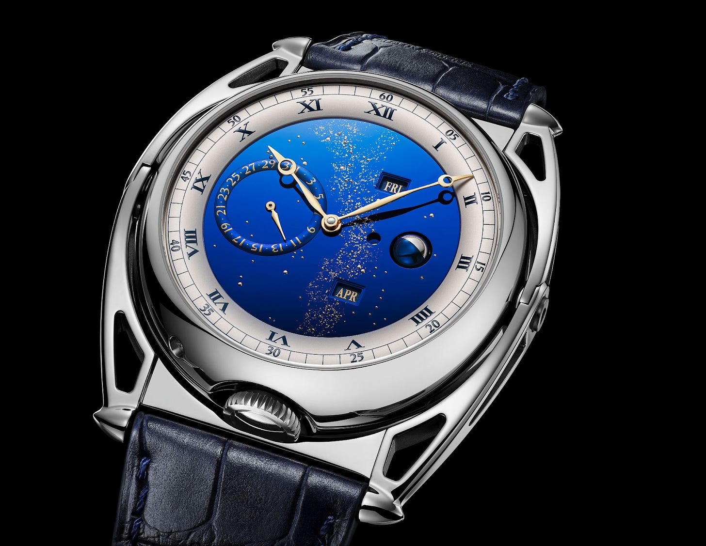 Technical masterpiece with eight complications, including a perpetual calendar and spherical moon phase, housed in a reversible titanium case