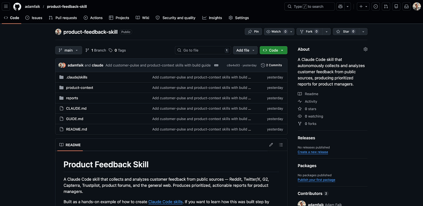 GitHub page showing the product-feedback-skill repository with README, initial commit, and public visibility badge GitHub page showing the product-feedback-skill repository with README, initial commit, and public visibility badge