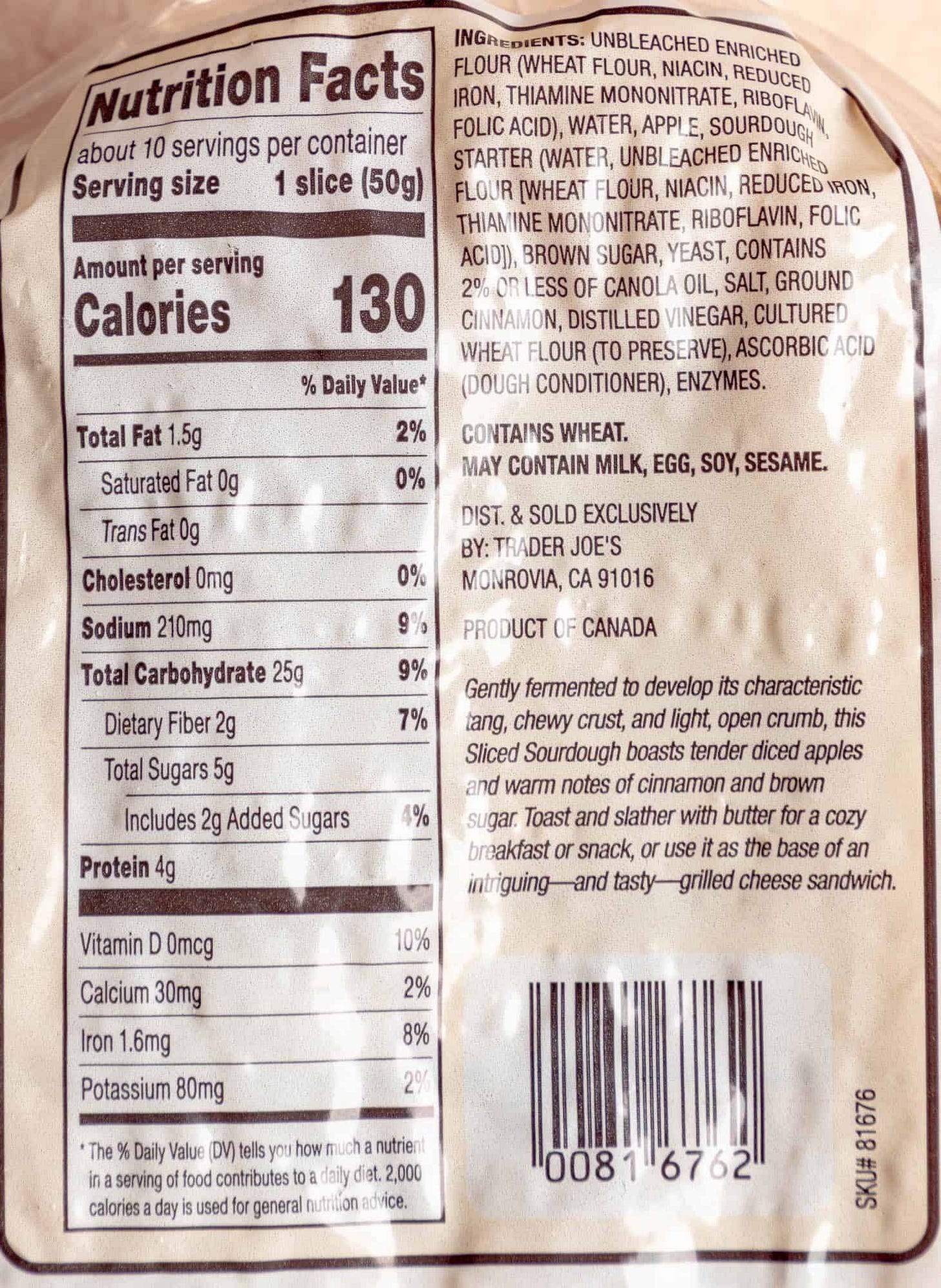 Ingredients and nutritional facts for Trader Joe's Sliced Apple Cinnamon Sourdough Bread.