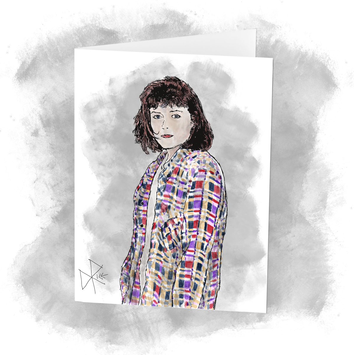A woman in a casual vibrant plaid button-up shirt stands with her hair done and face makeup completed. Sketch art by Don Rice.