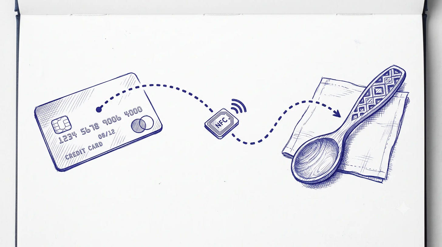 [IMMAGINE: percorso a puntini che si collegano tra loro, da carta di credito a chip NFC fino a un oggetto fisico artigianale - formato orizzontale 16:9]