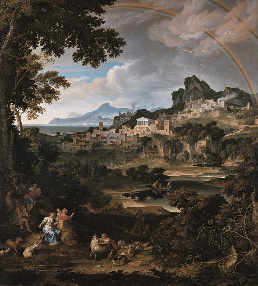 A grand classical landscape with mountains, waterfalls and a wide rainbow over shepherds A grand classical landscape with mountains, waterfalls and a wide rainbow over shepherds