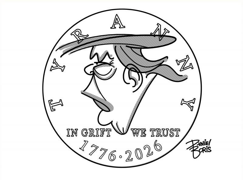 A U.S. coin with donald trump's profile seen. "Tyranny" is seen above. "In Grift We Trust" replaces the usual In God We Trust text.