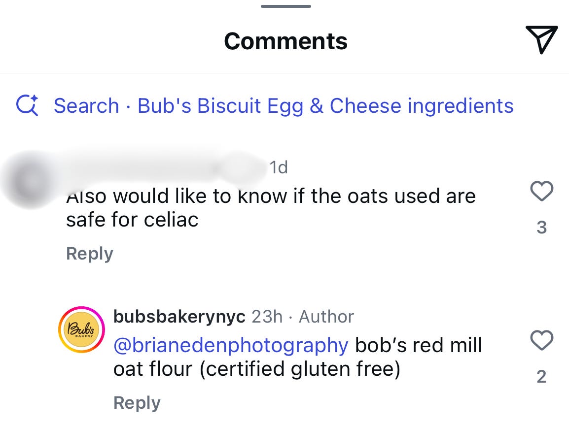 bub's bakery instagram comment