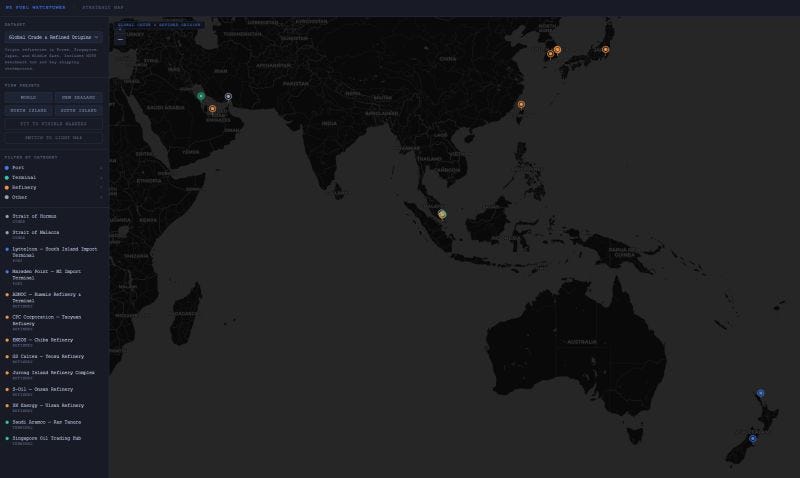 A map showing the refinaries in the Middle East and Asia, and the two main ports in New Zealand.