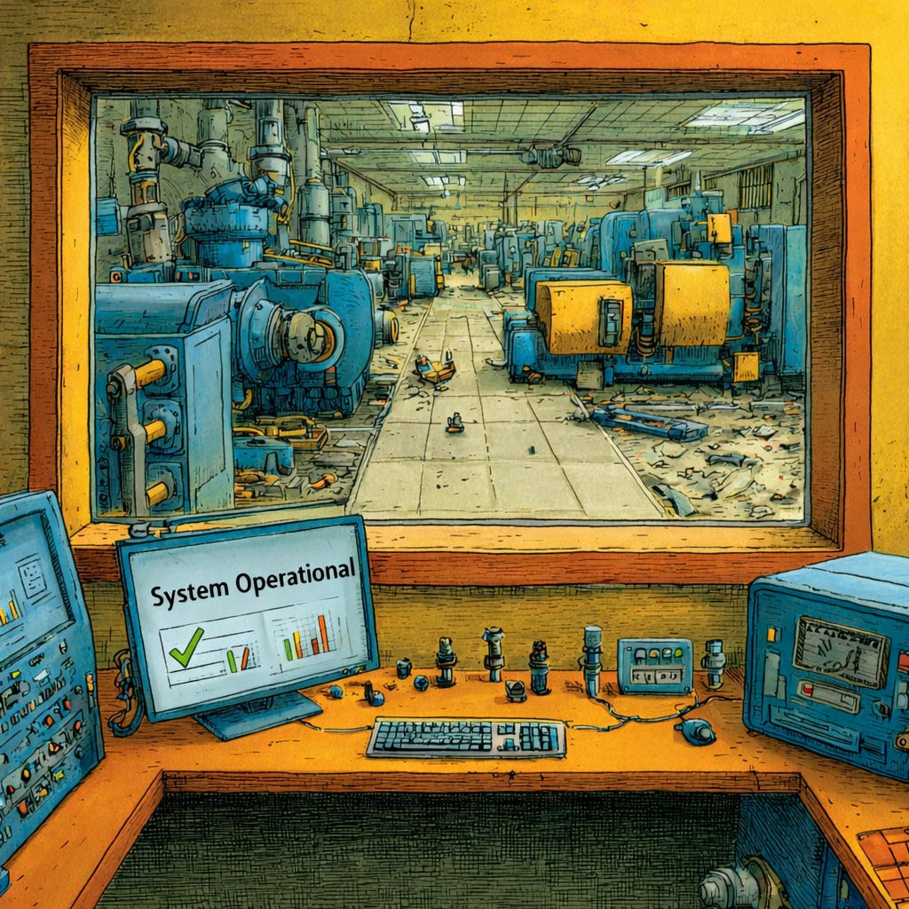 A control room monitor labeled “System Operational” overlooks a factory floor filled with broken machines and debris. The dashboard shows success while the physical system behind it is clearly failing.
