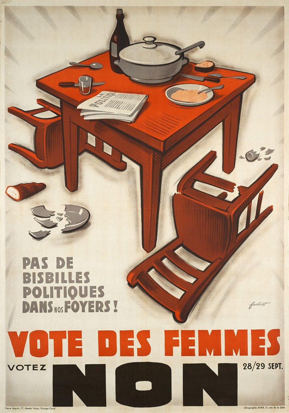 Vote des femmes, Votez non, pas de bisbilles politiques dans les foyers – Vintage poster – Noel FONTANET – 1946
