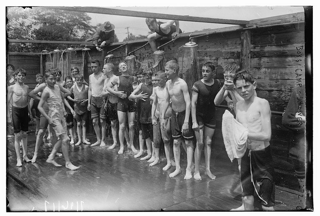 Boy's Camp -- shower - digital file from original neg. | Library of Congress