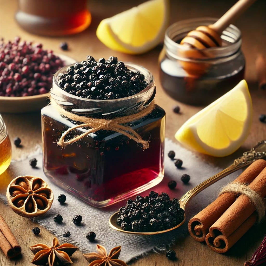A realistic image of homemade elderberry syrup in a glass jar with a small spoon placed next to it. The scene includes dried elderberries, a drizzle of honey, cinnamon sticks, and fresh lemon slices arranged around the jar. The setting is warm and rustic, with natural light streaming in to highlight the health benefits of the syrup.