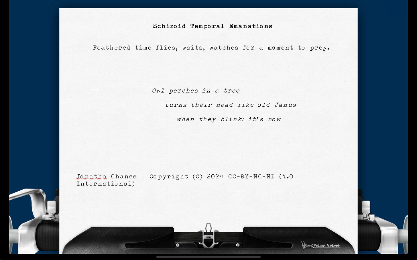 Image of 17 sounds by Jonatha Chance rendered by Hanx Writer app using the Hanx Prime Select virtual typewriter.