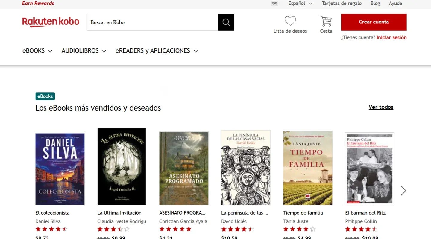 Página principal de Kobo.