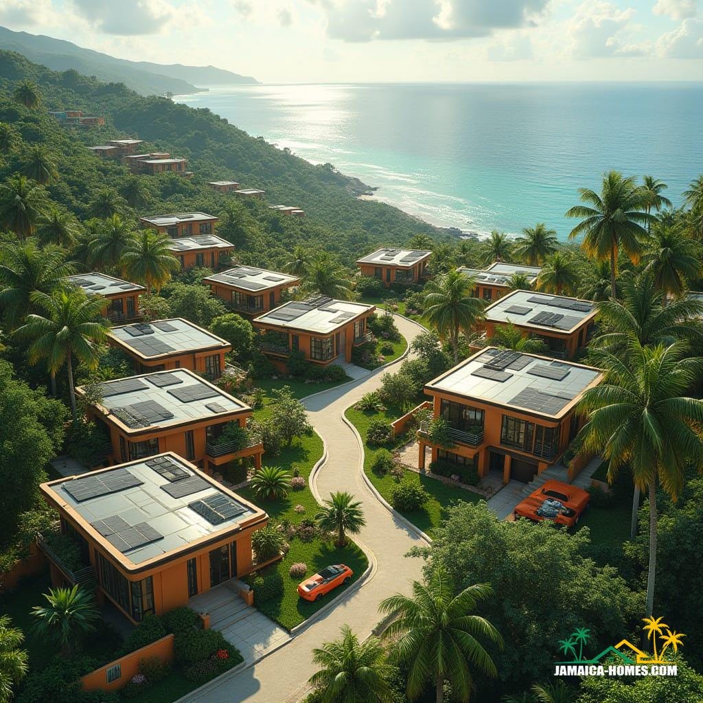Aerial view of a livable futuristic Jamaican hillside community