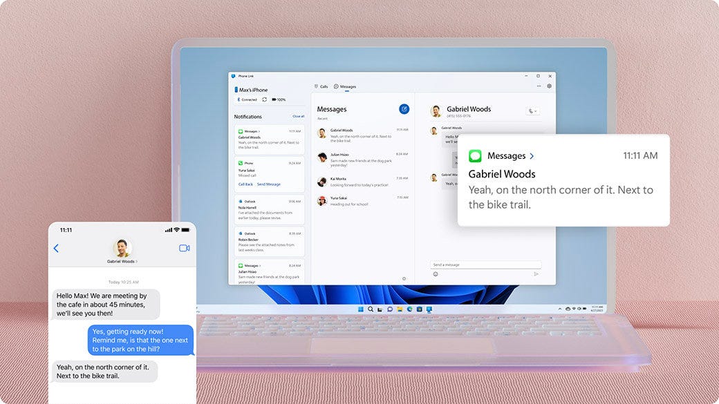 Phone Link window with messages and mobile phone