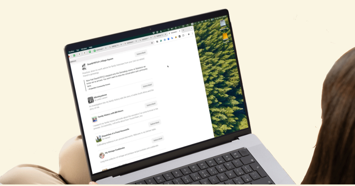 Illustration from a modified version of a Canva stock image. Shows a woman on a laptop looking at a Recommendations page on Substack