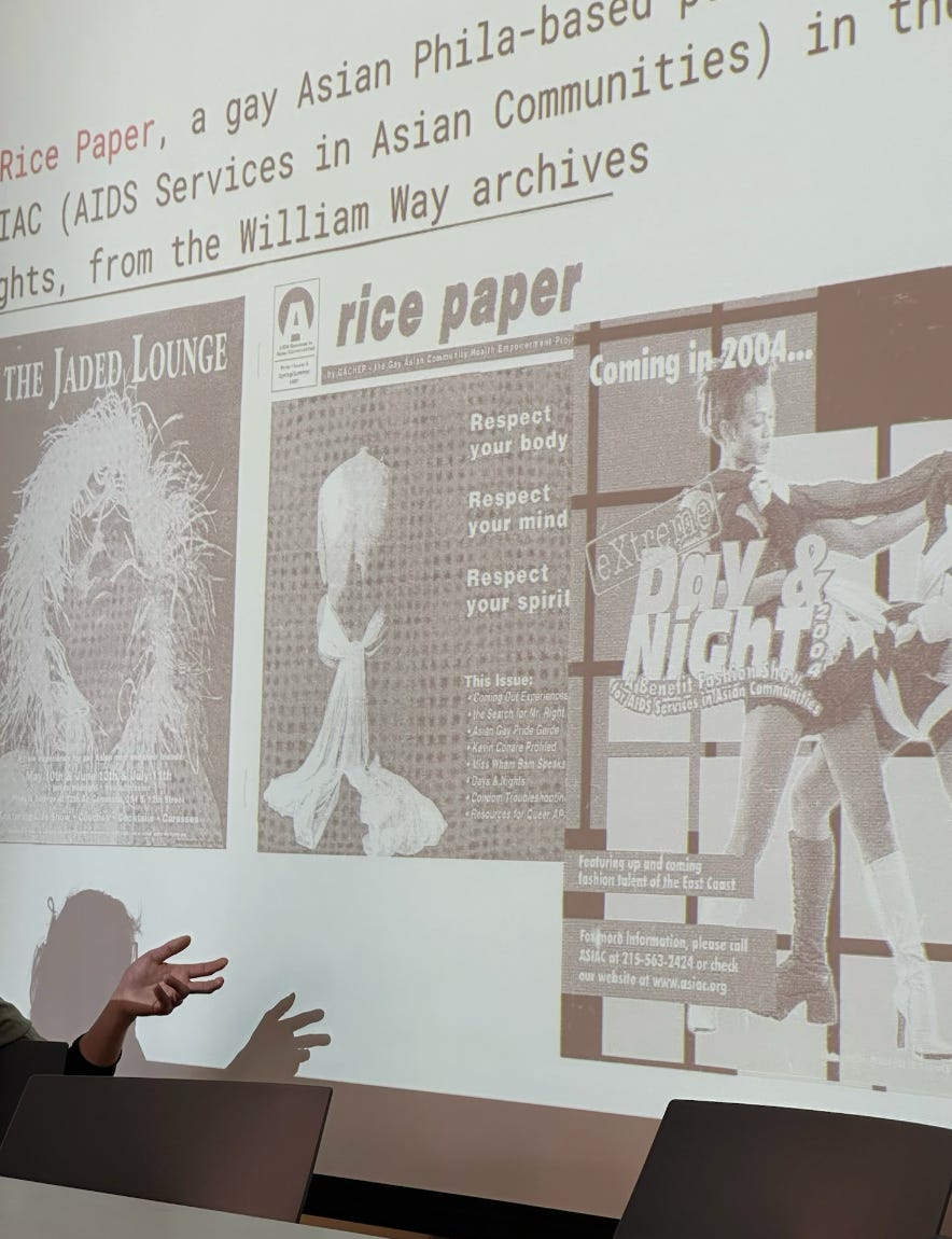 picture of slides with Connie's hand gesturing at it, showing Rice Paper, a gay Asian Phila-based publication picture of slides with Connie's hand gesturing at it, showing Rice Paper, a gay Asian Phila-based publication