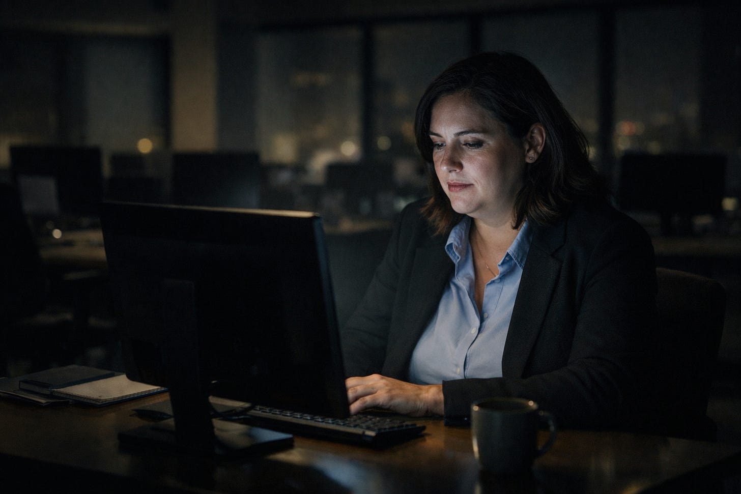 Woman in business attire working alone at her computer late at night in an empty office, monitor illuminating her face, dark workstations visible behind her. Woman in business attire working alone at her computer late at night in an empty office, monitor illuminating her face, dark workstations visible behind her.