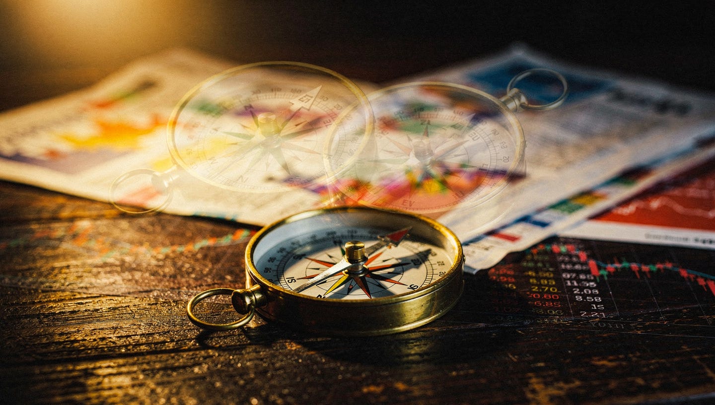 Realistic photograph of an antique brass compass in sharp focus in the foreground, resting on a dark wooden desk covered with blurred stock charts and financial newspapers. Behind it, overlapping as a translucent, slightly blurred ghost image, a second phantom compass points in a different direction. Warm, dramatic studio lighting, high contrast, shallow depth of field, editorial financial-magazine aesthetic, professional photography, no text, no people, no logos.