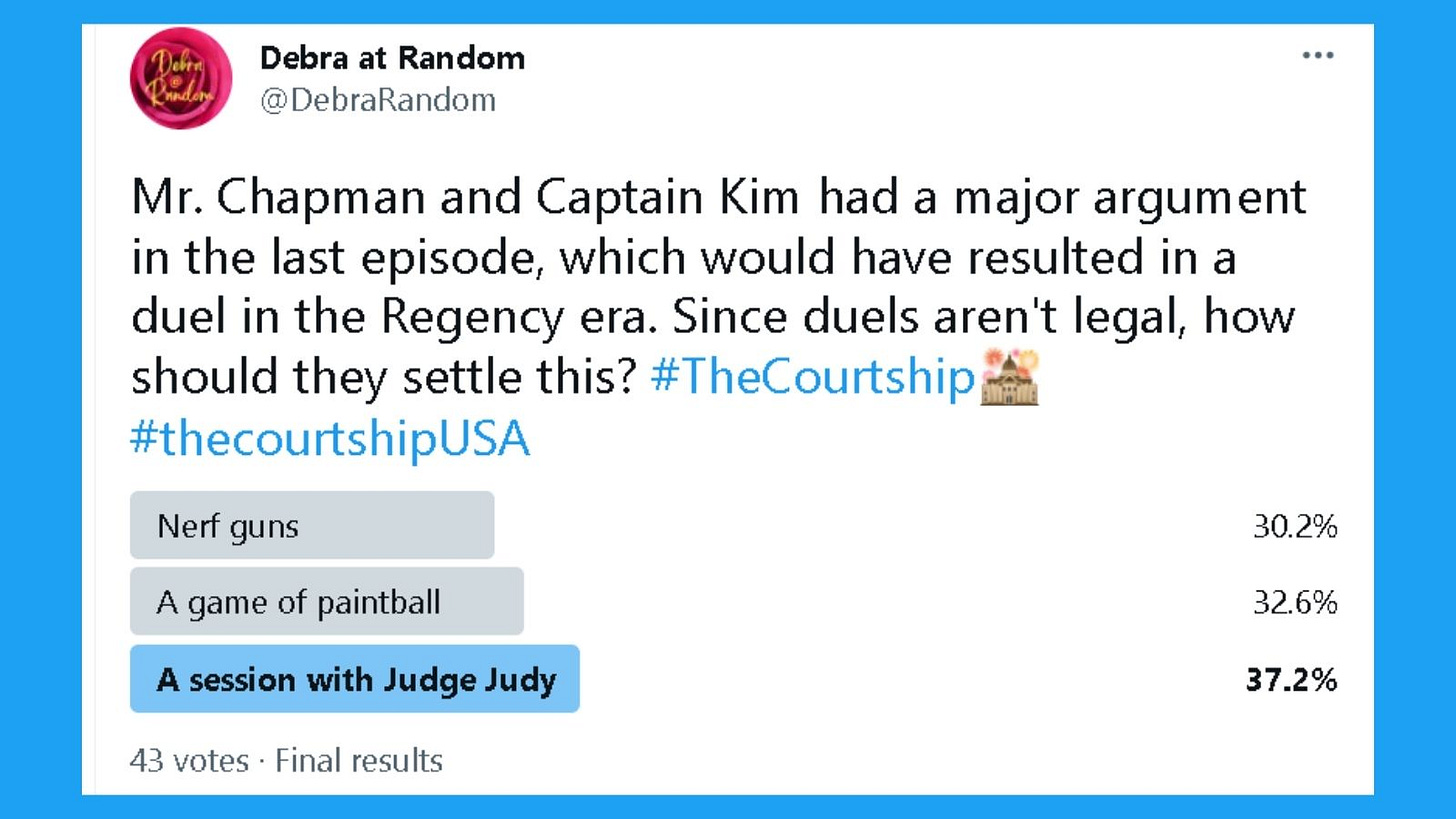 Survey asking if Capt. Kim and Mr. Chapman should use Nerf guns, paintball, or Judge Judy to settle their difference. Judge Judy wins, with 37%. Survey asking if Capt. Kim and Mr. Chapman should use Nerf guns, paintball, or Judge Judy to settle their difference. Judge Judy wins, with 37%.
