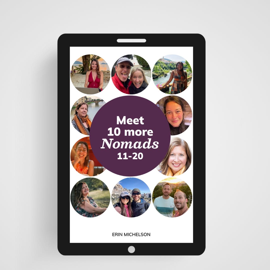 Book title “Meet 10 More Nomads: 11-20” written in white font in a burgundy circle surrounded by 10 circles filled with colorful photos of people. The digital book image is encased in an e-reader device. Book title “Meet 10 More Nomads: 11-20” written in white font in a burgundy circle surrounded by 10 circles filled with colorful photos of people. The digital book image is encased in an e-reader device.